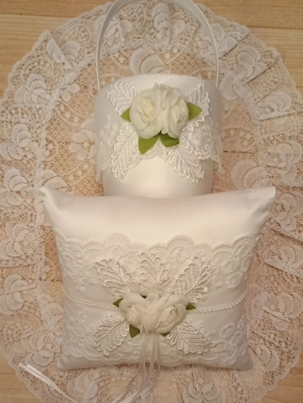 White Lace Wedding Ring Bearer Pillow and Flower Girl Basket Set - Picture 4 of 8